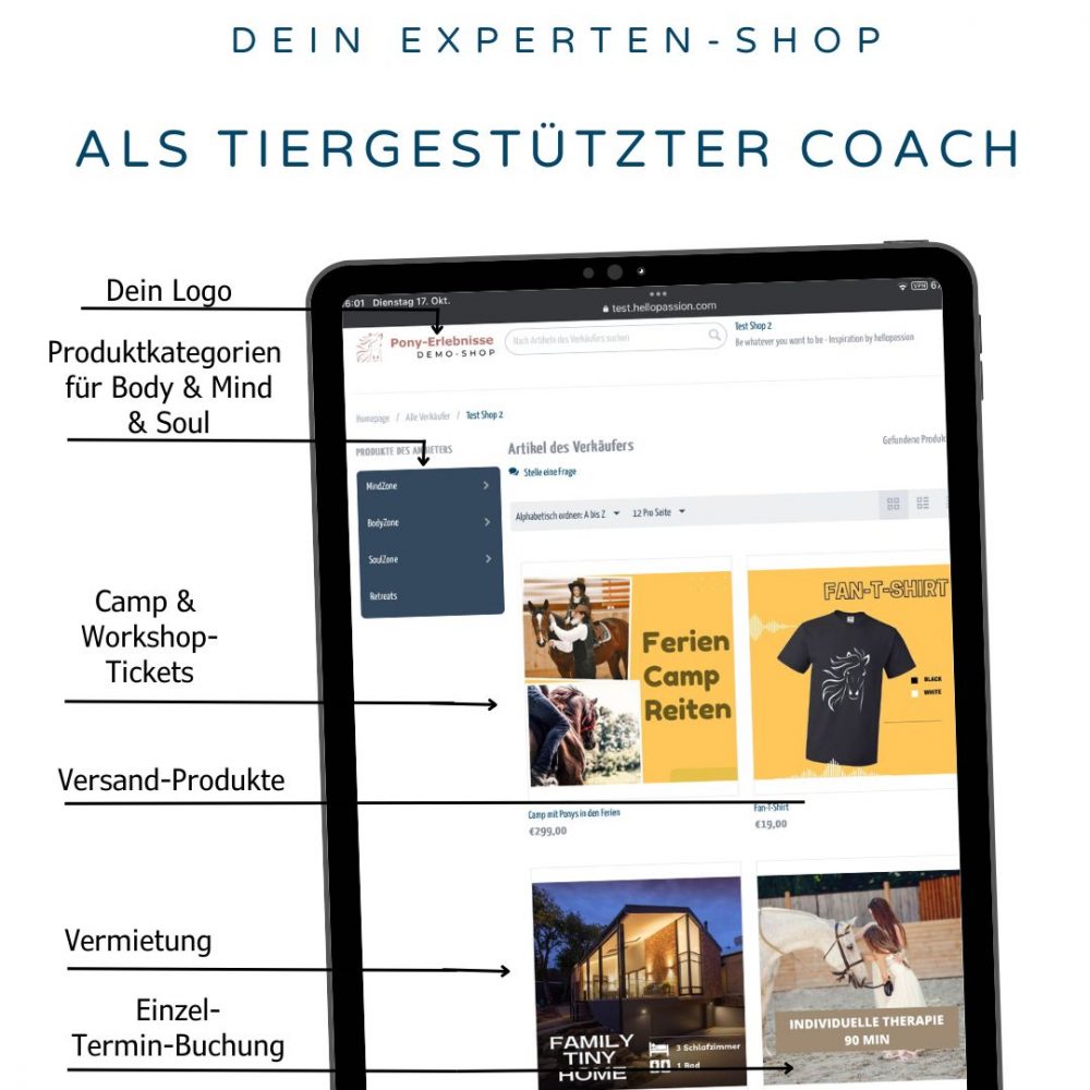 Dein Online Shop als Tiergestützter Coach mit Termin-Buchungen, Workshoptickets, Fanartikel und mehr